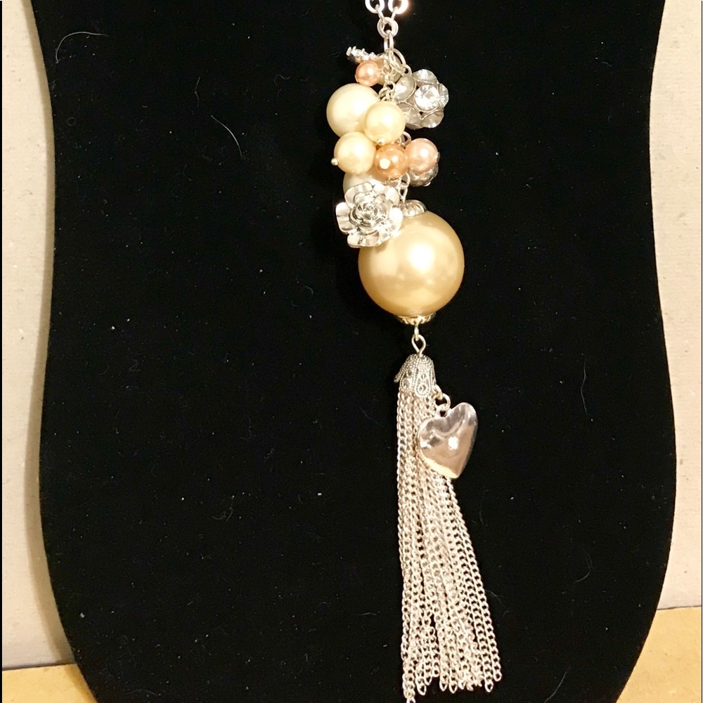 Candie’s Silver, Pearls, Flowers & Fringe Necklace